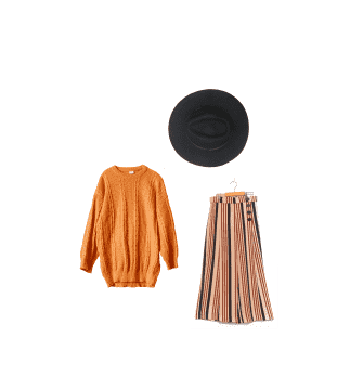 Image of a curated outfit consisting of wide brim hat, long sweater and striped skirt